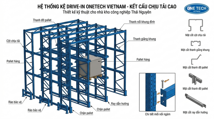 Cấu tạo kệ drive in Thái Nguyên Cấu tạo kệ drive in Thái Nguyên gồm khung cột thanh ray và giằng liên kết