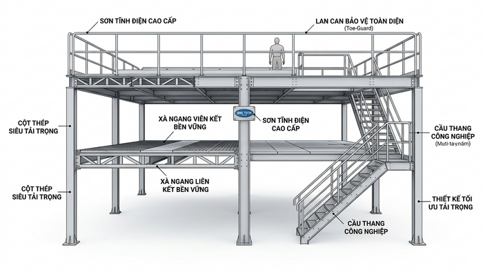Cấu tạo kệ sàn mezzanine Thái Nguyên Cấu tạo kệ sàn mezzanine gồm cột trụ beam sàn lan can cầu thang