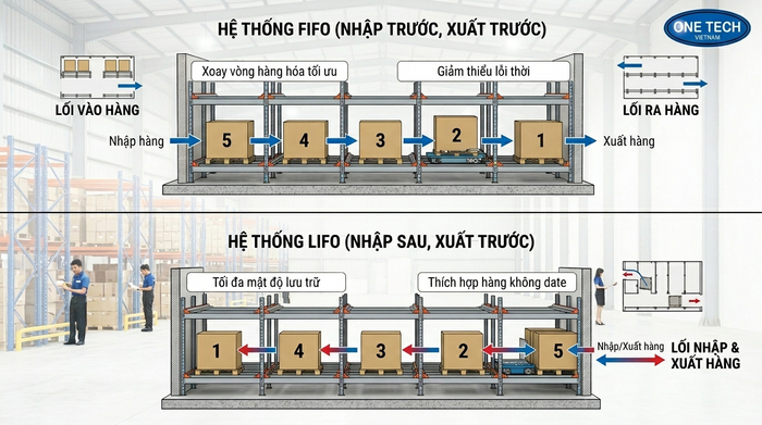 Luồng FIFO và LIFO cho kệ Radio Shuttle Thái Nguyên Minh họa luồng FIFO và LIFO trên kệ Radio Shuttle Thái Nguyên