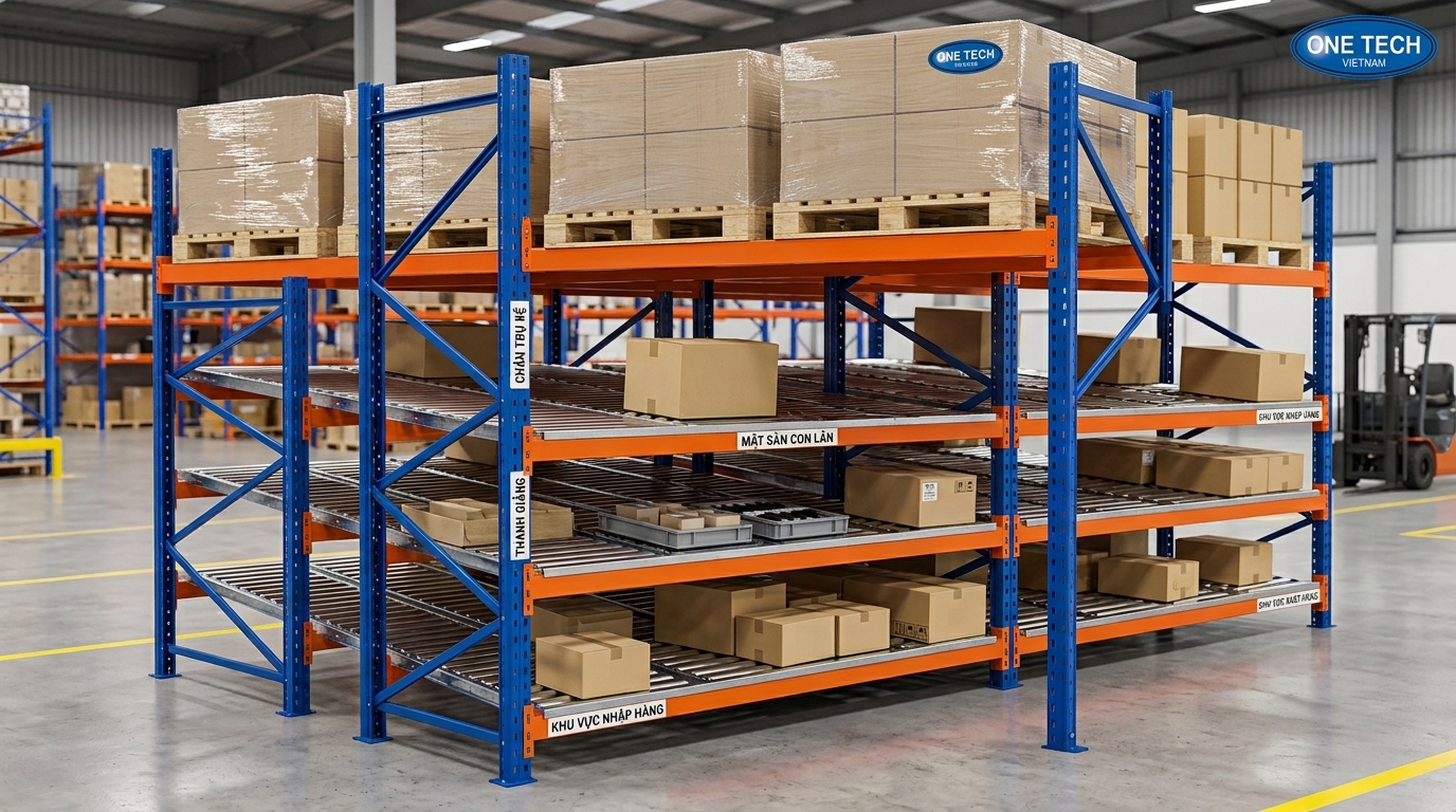Cấu tạo kệ Flow racks Thái Nguyên Cấu tạo kệ Flow racks Thái Nguyên với khung thép và ray con lăn