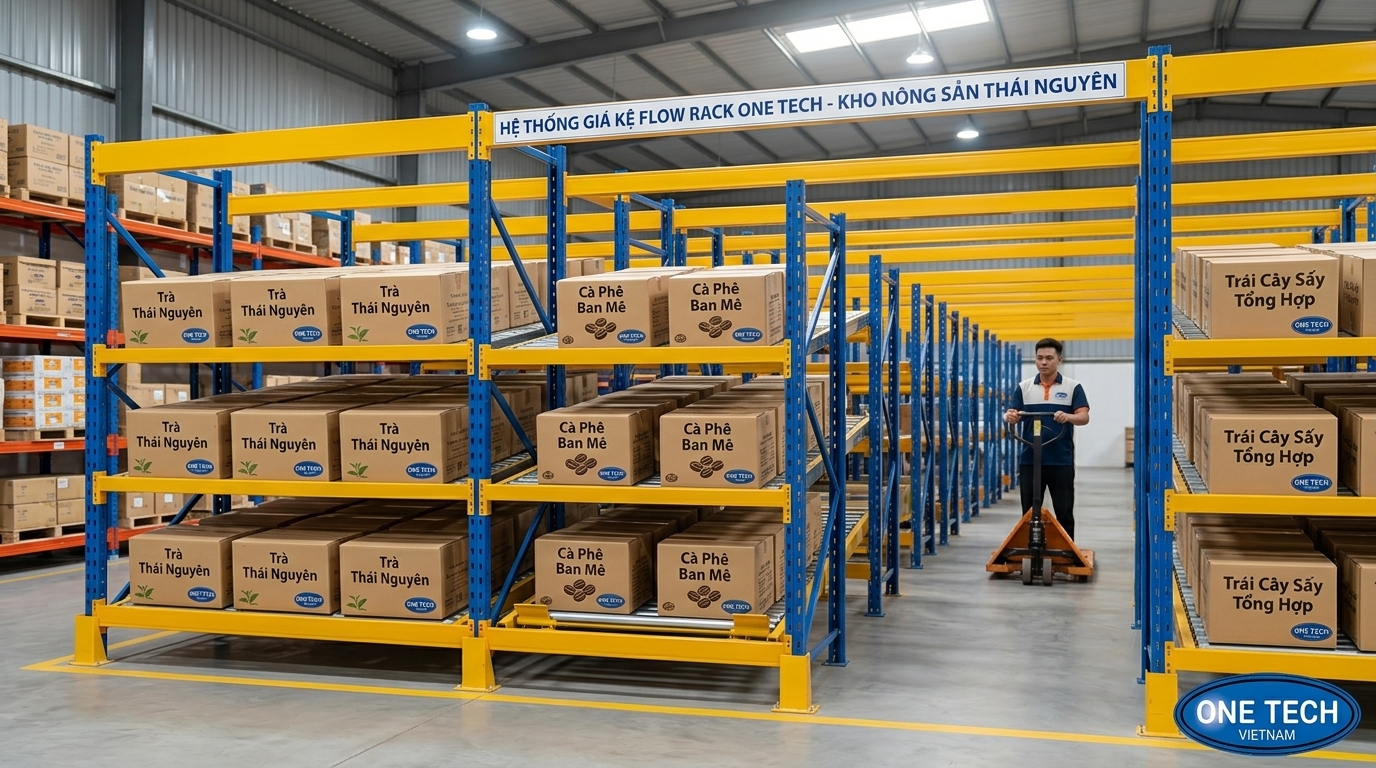 Kệ Flow racks cho kho chè Thái Nguyên Kệ Flow racks Thái Nguyên dùng cho kho chè và nông sản đóng thùng