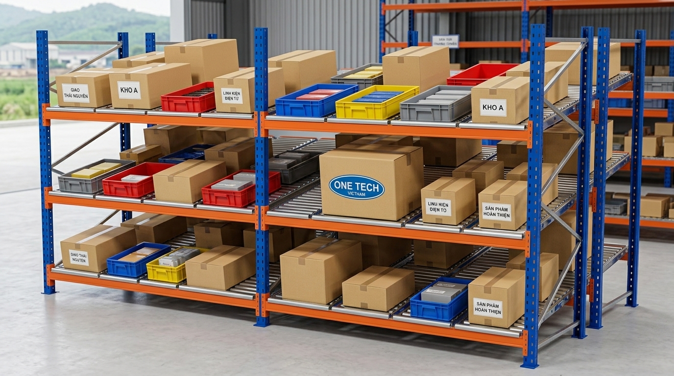 Kệ flowrack thùng carton Thái Nguyên Kệ flowrack cho thùng carton và khay linh kiện tại Thái Nguyên