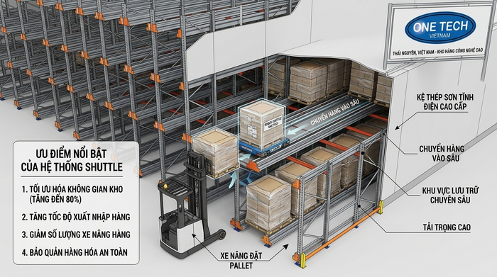 Kệ Radio Shuttle Thái Nguyên hoạt động bằng robot shuttle trên ray Mô hình hoạt động của kệ Radio Shuttle Thái Nguyên trong kho pallet