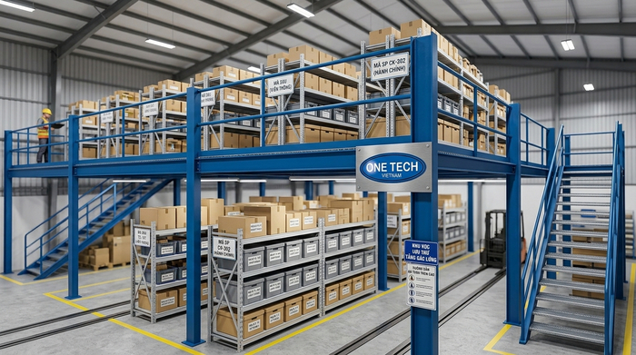 Kệ mezzanine kết hợp kệ V lỗ Kệ sàn mezzanine kết hợp kệ V lỗ cho kho nhiều mã hàng