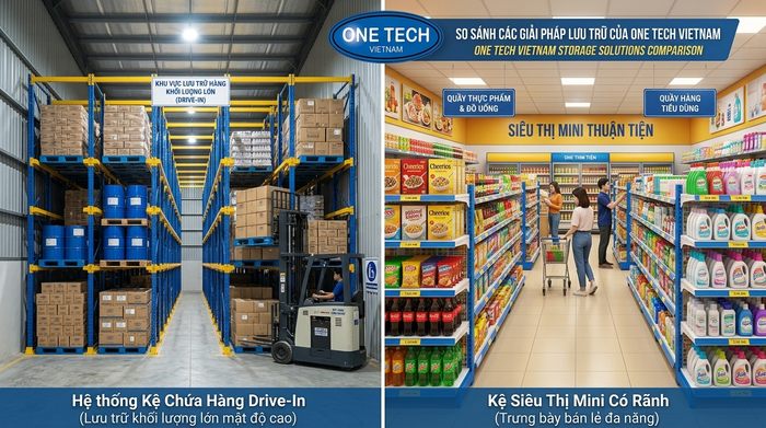 So sánh kệ drive in và kệ tôn lỗ siêu thị mini So sánh kệ drive in và kệ tôn lỗ siêu thị mini trong nhu cầu lưu trữ khác nhau