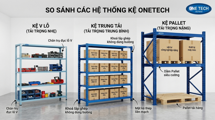 So sánh kệ trung tải Thái Nguyên với các loại kệ kho khác So sánh kệ trung tải với kệ sắt lỗ và kệ hạng nặng