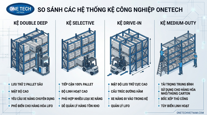 So sánh các loại kệ kho công nghiệp Bảng so sánh kệ Double Deep Selective Drive In và kệ trung tải