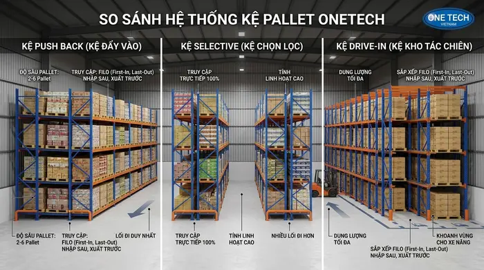 So sánh kệ push back selective và drive in So sánh kệ push back selective và drive in cho kho pallet
