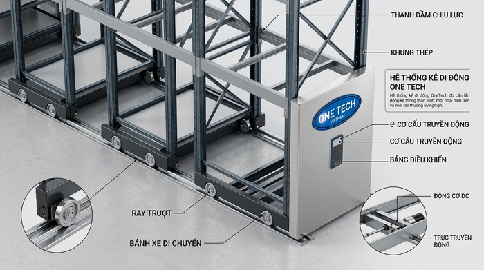 Cấu tạo kệ mobile rack cho kho hàng Thái Nguyên Cấu tạo kệ mobile rack gồm khung kệ ray trượt và beam chịu tải