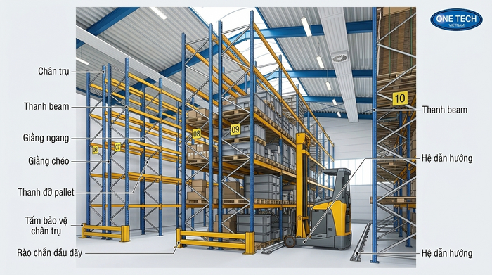 Cấu tạo kệ narrow aisle Thái Nguyên Cấu tạo hệ kệ narrow aisle gồm chân trụ thanh beam và giằng kệ