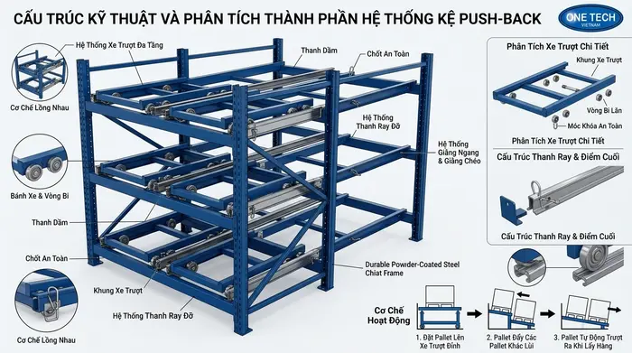 Cấu tạo kệ push back Thái Nguyên Cấu tạo kệ push back gồm khung trụ beam ray trượt và xe trượt