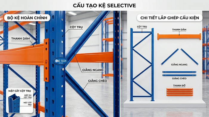 Cấu tạo Kệ Selective Thái Nguyên gồm chân trụ beam giằng và thanh support