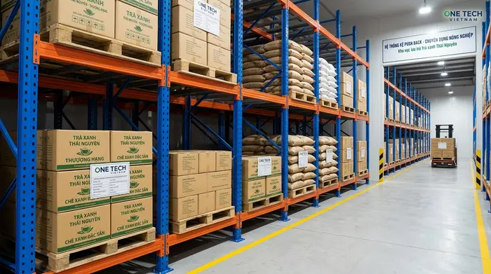 Kệ push back cho kho chè Thái Nguyên Kệ push back cho kho chè và nông sản khô tại Thái Nguyên