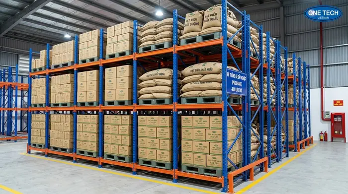 Kệ push back cho kho nông sản khô Kệ push back lưu trữ nông sản khô và trà đóng gói