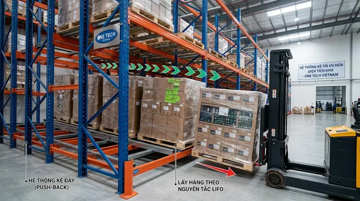 Nguyên lý hoạt động kệ push back Thái Nguyên Nguyên lý hoạt động của kệ push back Thái Nguyên trong kho pallet