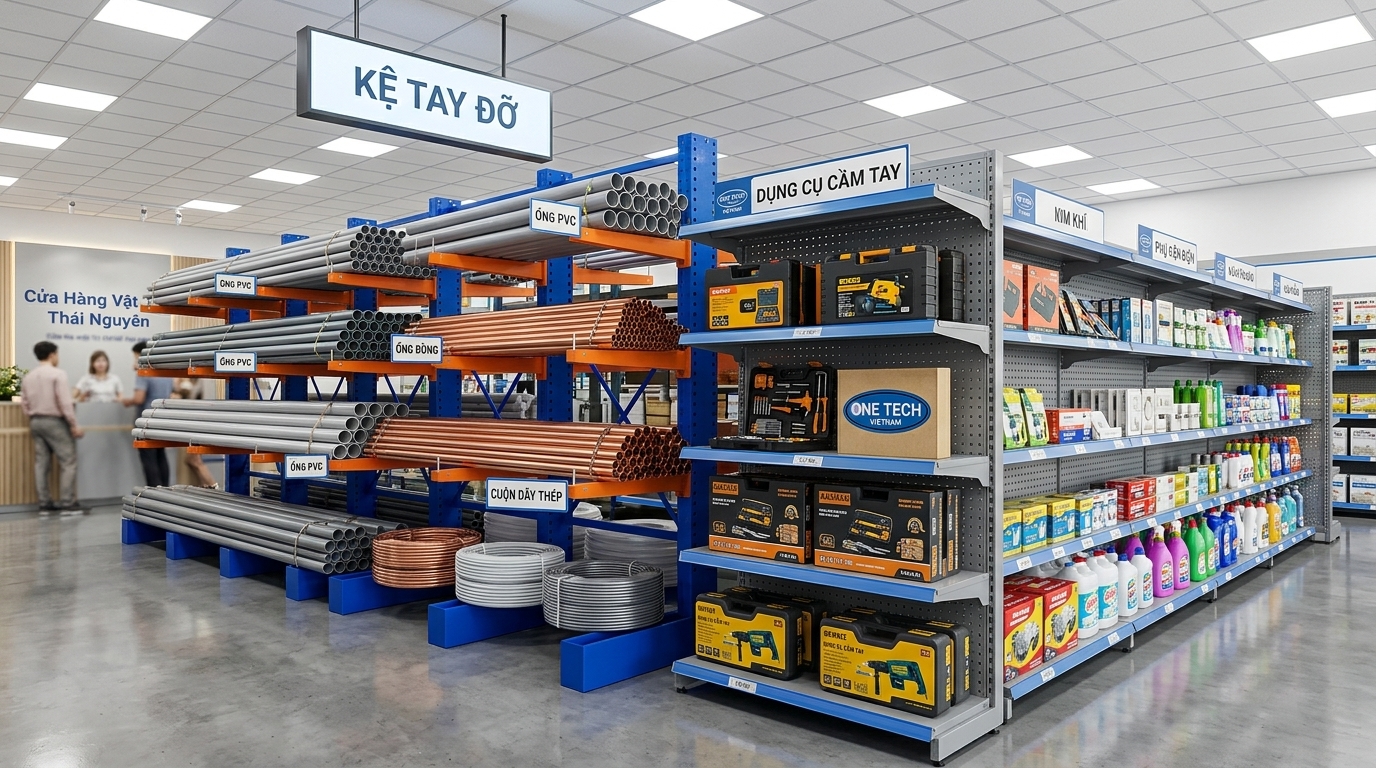 Kệ tay đỡ và kệ siêu thị tôn lỗ Kệ tay đỡ kết hợp kệ siêu thị tôn lỗ cho cửa hàng vật tư tại Thái Nguyên