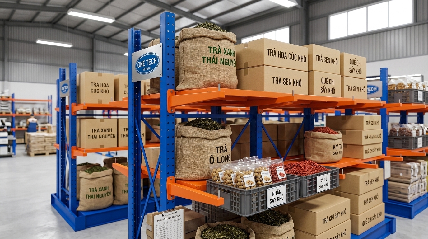 Kệ tay đỡ trung tải cho kho chè Kệ tay đỡ trung tải dùng trong kho chè và nông sản khô