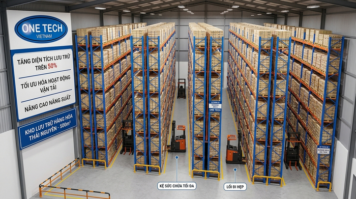 Layout kho 500m2 kệ narrow aisle Thái Nguyên Minh họa layout kho 500m2 sử dụng kệ narrow aisle tại Thái Nguyên