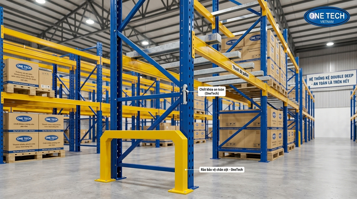 Phụ kiện an toàn kệ Double Deep Phụ kiện an toàn của kệ Double Deep gồm chốt khóa rào bảo vệ và thanh support