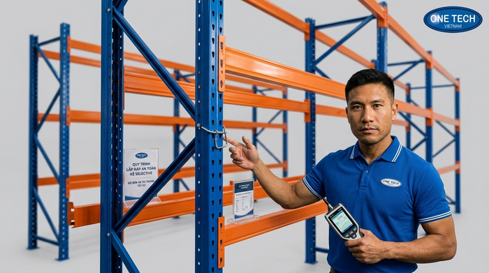 Đội ngũ kỹ thuật đang thi công lắp đặt kệ kho hàng