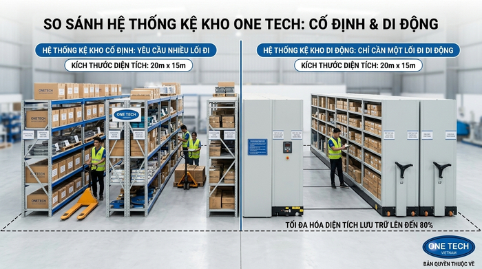 So sánh kệ cố định và kệ kho di động So sánh kệ cố định và kệ kho di động trong cùng diện tích kho
