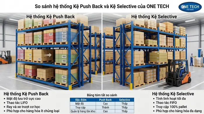 So sánh kệ push back và kệ selective So sánh kệ push back và kệ selective trong kho hàng công nghiệp