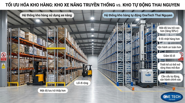 So sánh xe nâng truyền thống và Stacker-Crane So sánh kho dùng xe nâng và kho dùng Stacker-Crane Thái Nguyên