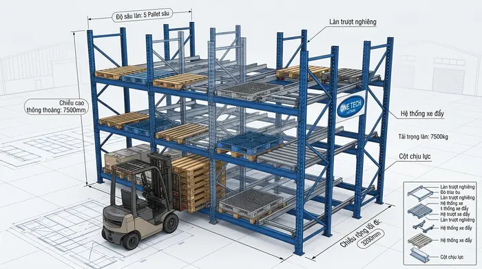 Thiết kế 3D kệ push back theo mặt bằng kho Thiết kế 3D kệ push back theo mặt bằng kho thực tế
