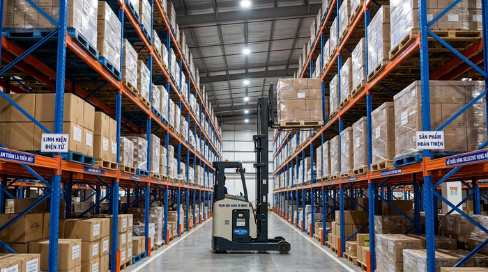 Xe nâng vận hành cùng Kệ Selective Thái Nguyên trong kho pallet