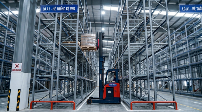 Xe nâng VNA cho kệ narrow aisle Thái Nguyên Xe nâng VNA vận hành trong hệ kệ narrow aisle tại Thái Nguyên