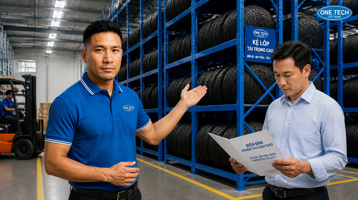Bàn giao kệ để lốp xe sau lắp đặt tại kho