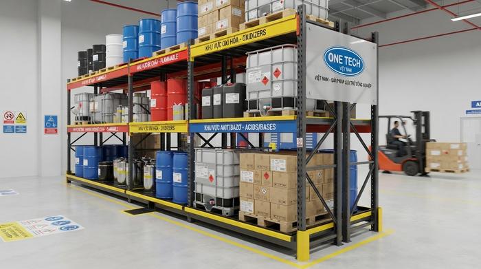 Cấu tạo kệ kho hóa chất chịu tải có khay hứng tràn