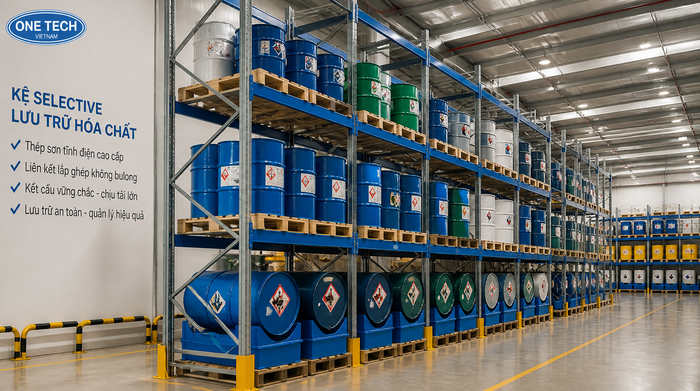 Kệ Selective lưu trữ pallet hóa chất trong kho công nghiệp