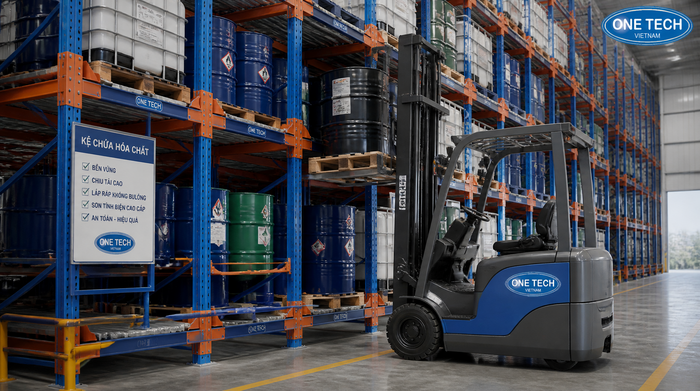 Xe nâng chuyên dụng vận hành kệ chứa thùng phuy hóa chất