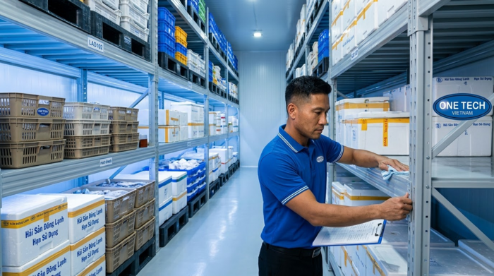Bảo trì kệ kho hải sản chống rỉ Bảo trì kệ kho hải sản chống rỉ và vệ sinh định kỳ trong kho lạnh