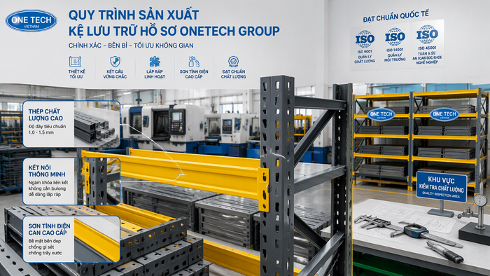Quy trình sản xuất kệ lưu trữ hồ sơ tại nhà máy OneTech Group đảm bảo chất lượng ISO