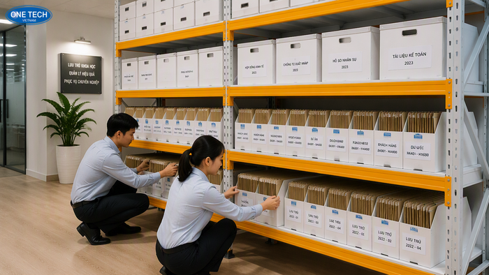 Đội ngũ kỹ thuật viên OneTech Group hướng dẫn quy trình sắp xếp hồ sơ sau khi lắp đặt kệ tại khách hàng