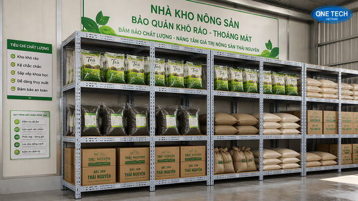 Kệ sắt lỗ cho kho nông sản nhỏ tại Thái Nguyên Kệ sắt lỗ lưu trữ chè đóng gói và nông sản khô tại Thái Nguyên