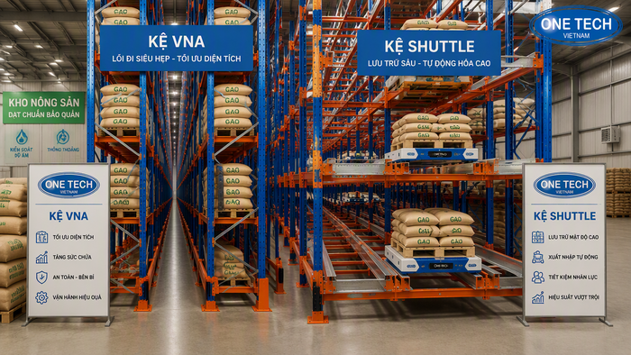 Giải pháp kệ kho nông sản mật độ cao Kệ VNA và kệ Shuttle cho kho nông sản quy mô lớn